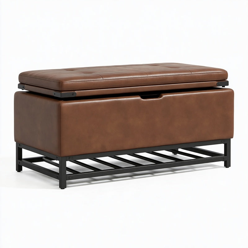 Panca contenitore 120 x 45 x 55 cm in similpelle marrone con struttura in metallo stile industriale