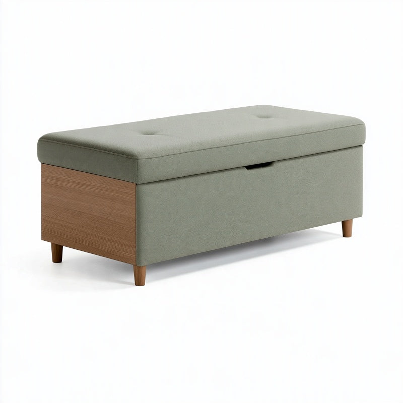 Panca contenitore 120x45x48 cm in tessuto verde salvia e legno - stile moderno