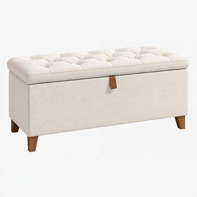Panca contenitore 100 x 40 x 45 cm in tessuto beige con seduta capitonné e gambe in legno