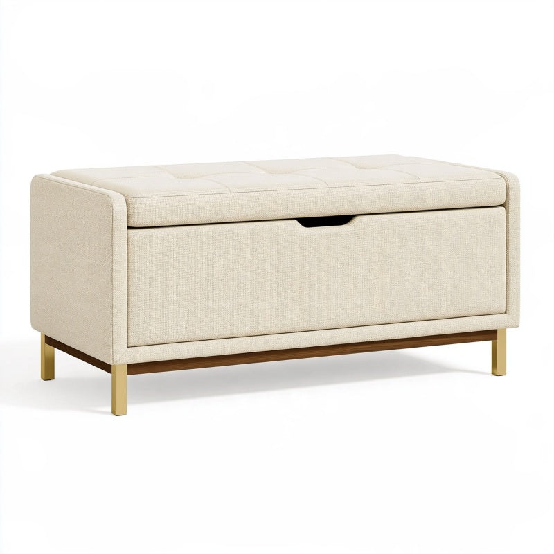 Panca contenitore 120x45x50 cm in tessuto beige con seduta imbottita stile moderno