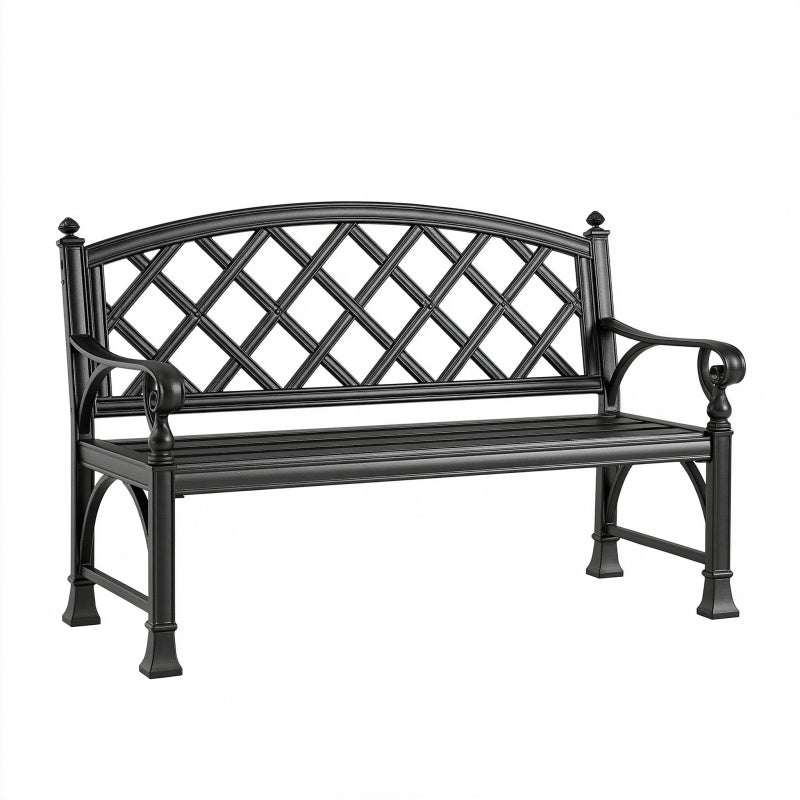 Panchina da giardino 122 x 61 x 90 cm in metallo nero - schienale a griglia e braccioli