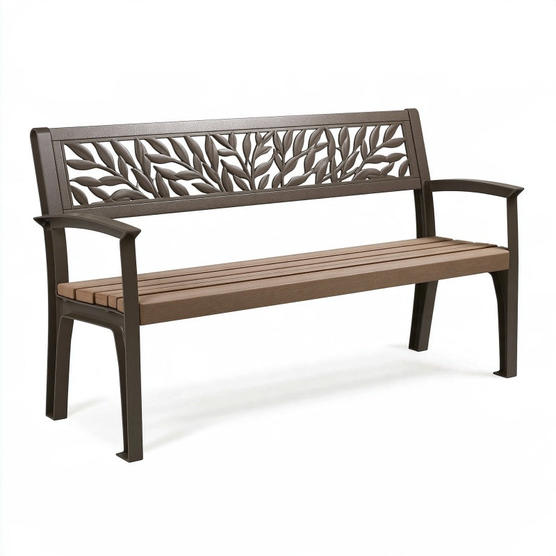 Panchina da giardino 122 cm marrone in metallo e plastica con schienale a foglie