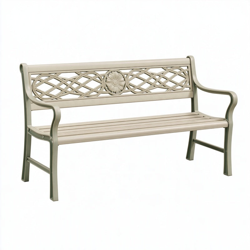 Panchina da giardino 120 x 60 x 88 cm in metallo beige stile classico con schienale decorativo