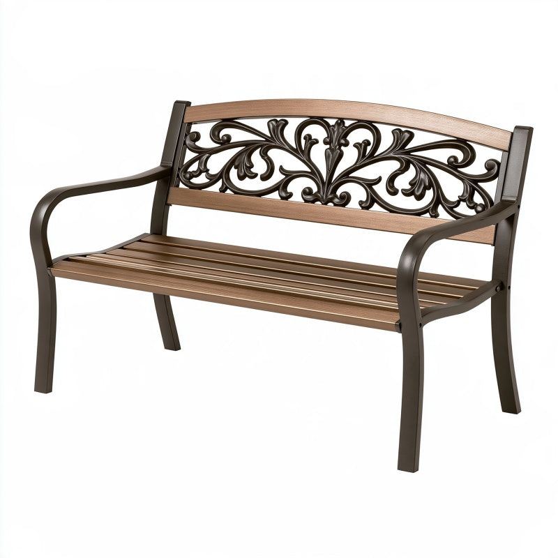 Panca da giardino 122 x 62 x 83 cm in metallo marrone con schienale decorativo