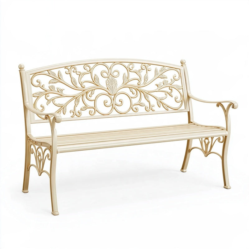 Panchina da giardino 125 x 60 x 95 cm in metallo avorio e oro - stile classico decorativo