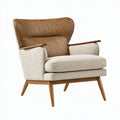 Poltrona 78 x 82 x 92 cm in tessuto beige e rivestimento effetto pelle marrone - stile moderno con braccioli in legno