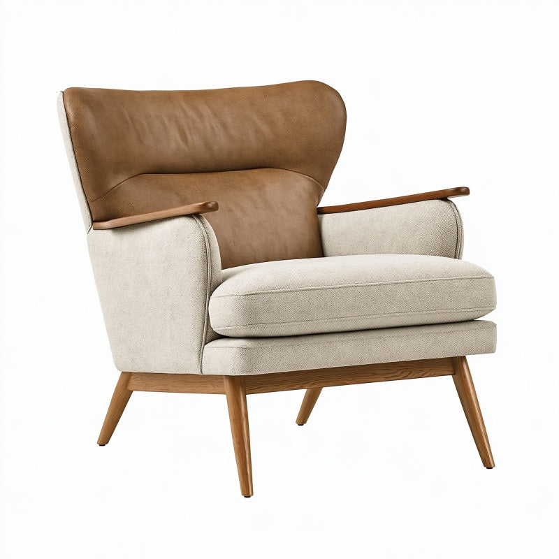 Poltrona 78 x 82 x 92 cm in tessuto beige e rivestimento effetto pelle marrone - stile moderno con braccioli in legno