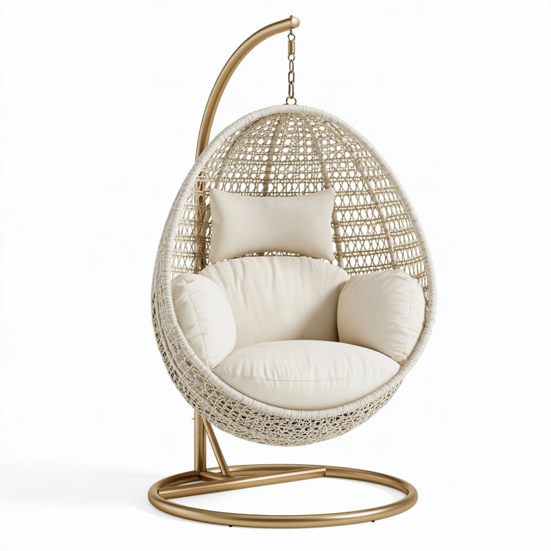 Poltrona sospesa 105 x 105 x 195 cm in fibra intrecciata beige con supporto in metallo dorato